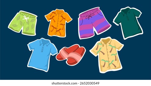 Summer Things. Set for travel and holidays. Beach collection - swimsuit, sunglasses, big summer hat, flip flops. Vector flat illustration	

