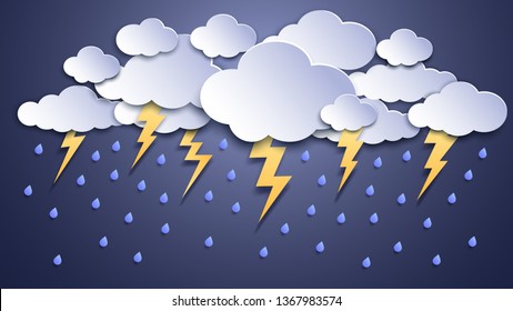 Summer thunderstorms. Storm clouds, thunderstorm lightning and rainy weather. Thunder and lightnings craft paper, dangerous thunderbolt flash meteorology vector illustration