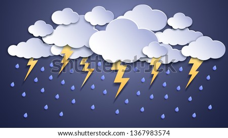 Summer thunderstorms. Storm clouds, thunderstorm lightning and rainy weather. Thunder and lightnings craft paper, dangerous thunderbolt flash meteorology vector illustration