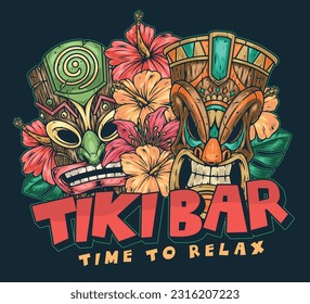 Summer Tiki bar element colorful Tiki masks and flowers for drink invitation to cool Polynesian style beach party vector illustration