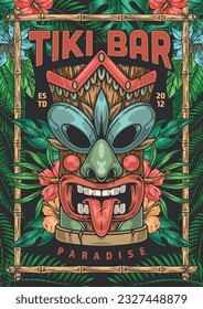 Summer tiki bar flyer colorful exotic tiki mask and tropical jungle plants for menu design or wine list vector illustration