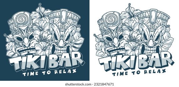 Summer tiki bar monochrome poster with Hawaiian masks and flowers from Tahiti for cafe or restaurant menu design vector illustration