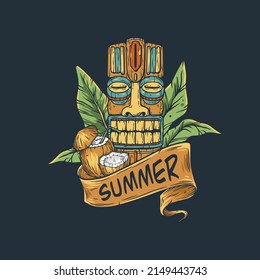 Summer tiki mask with coconut cocktail and tropical leaves for tiki bar. Exotic mask or tribal totem with ribbon for hawaii print