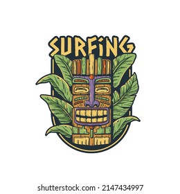 Summer tiki mask with tropical leavs for hawaii beach. Exotic mask for surfing prints or tiki bar