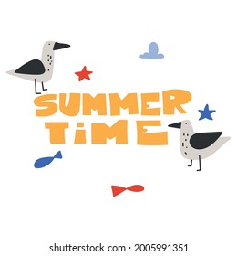 Summer time. 2 seagulls, starfish and fish. Cute marine illustration. Vector image, clipart, editable details.