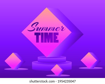 Summer time. 3d 80s style podium with purple gradient. 3D studio stage with podium, exhibition hall pedestal. Synthwave and retrowave style. Vector illustration