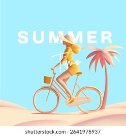 Summer time. 3D girl on a bicycle on the beach, palm trees. For concepts of active recreation, vacation, and travel. Vector illustration.