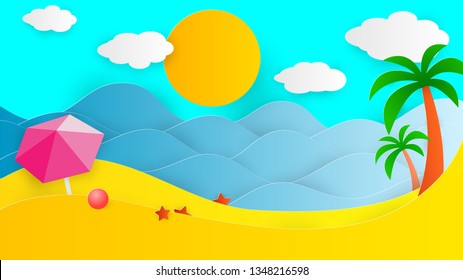 Summer time 3d illustration. Abstract Tropic beach with Sea view. Paper cut and craft style with umbrella, palm trees, ball, cloud, sun, waves and sea stars. Origami exotic hawaiian Blue ocean scenary