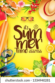 Summer Time 3D Realistic Vector Poster in Yellow Background with Frame and Tropical Elements Like Scuba Diving Equipment, Surf Board, Slippers, Digital Camera, Mobile Phone, Hat, Palm Leaves 