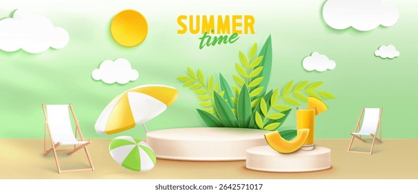 Summer time 3d scene with beige circular podium platforms, tropical green plants and beach accessories - yellow sun, striped umbrella and deck chair for seasonal product display under paper cut clouds