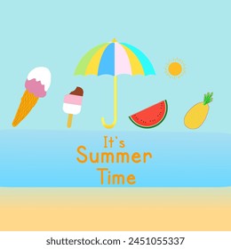 It's Summer time 3D text banner design with beach island, sand and colorful umbrella, sun, and summer food items with blue sky background. Vector illustration.