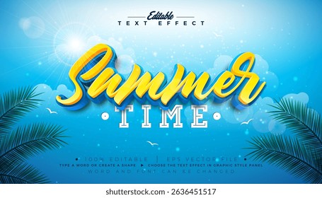 Summer Time 3D Text Effect Design Editable and Scalable Vector Graphic Style Effect with Typography Lettering and Shadow on Blue Cloudy Sky Background. Premium Illustration Template With Palm Leaves