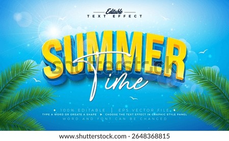Summer Time 3D Text Effect Design Editable and Scalable Vector Graphic Style Effect with Typography Lettering and Shadow on Blue Cloudy Sky Background. Premium Illustration Template With Tropical Palm
