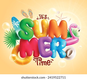 Summer time 3d text vector design. Summer title printed colorful 3d font with floaters flamingo, surfboard, hat and flipflop beach decoration elements. Vector illustration summer 3d colorful text 