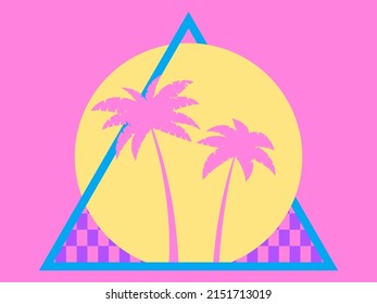 Summer Time. 80s Palm Trees On A Sunset. Retro Sci-fi Sun In Triangle, Futuristic Logo. Synthwave And Retrowave Style. Vector Illustration