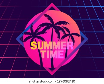 Summer time. 80s retro sci-fi palm trees on a sunset in a triangular frame. Synthwave and retro wave style. Design for advertising brochures, banners, posters, travel agencies. Vector illustration