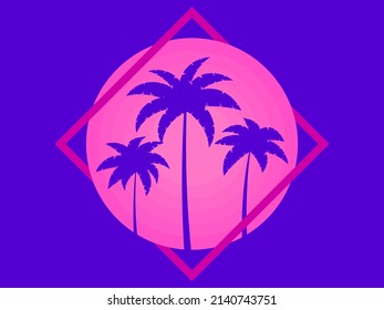 Summer time 80s retro sci-fi palm trees at sunset. Scarlet sun in a square frame. Synthwave and Retrowave style. Design for banner, poster and promotional items. Vector illustration