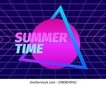 Hora de verano. Sol retro de los años 80 en un marco triangular. Estilo de onda sintética y onda retro. Realidad virtual de cuadrícula. Fondo abstracto retro para carteles y afiches. Ilustración del vector