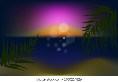 Sommerzeit mit abstrakten Blättern. Sommerhintergrund. 
Meer, Sonne, Sand. Vektorillustration. moderner Hintergrund. eps10