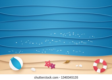 Summer time , Abstract sea and beach background , paper art style