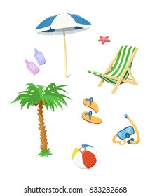 Summer time accessory. Flip flops, umbrella, chair, cream for beach. Vector illustration.