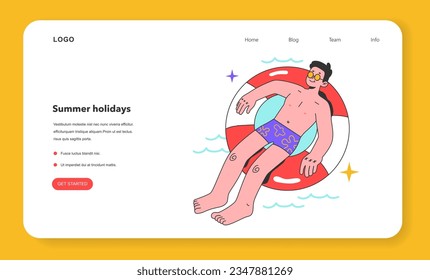 Banner web o página de inicio de la actividad de verano. Hombre nadando en un círculo flotante. Un personaje masculino nadando en el mar. Vacaciones veraniegas en la playa, divertiéndose junto al agua. Ilustración vectorial plana