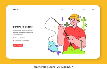 Summer time activity web banner or landing page. Man with a spinning catching a fish. Slow, rural lifestyle. Fishing hobby. Character spending their time in nature fishing. Flat vector illustration