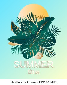 Summer Time. Advertising poster with sun and tropical bouquet of green and golden palm leaves. Exotic botany design. Summer inspiration phrase like a design element for invitation, party, card. Vector