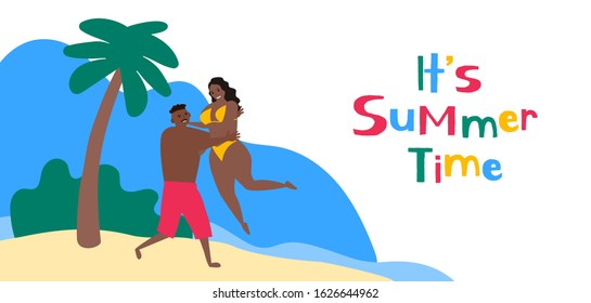 its  summer time .african american couple having fun on tropical beach vector illustration