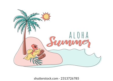 Summer time. Aloha summer lettering with items. Hand drawn typography poster, greeting card, bags, for t-shirt design, vector illustration.