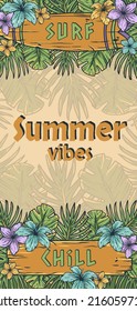 Summer time aloha tribal hawaii poster with tiki mask on waves and tropical leaves