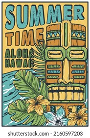 Summer time aloha tribal hawaii poster with tiki mask on waves and tropical leaves