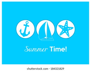 summer time! anchor, sailing boat and starfish on blue background 