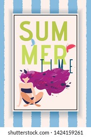 Summer Time Announcement in Frame over Striped Backdrop. Cartoon Pretty Woman in Swimming Suit with Long Wavy Hair Covered Plants Leaves. Rest and Vacation Promotion. Vector Flat Illustration