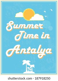 Summer Time in Antalya, Poster design, vector illustration. Touristic Greeting card