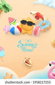 Summer Time Background. 3d Vector Realistic Illustration. Beach, Sun, Umbrella, Cocktail, Seashell