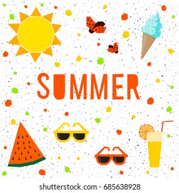 Summer time background. Abstract handmade elements and hand drawn letters for card, party invitation, vacation banner, rest poster, menu, t shirt etc