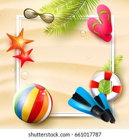 Summer time background with summer accessories and place for your message
