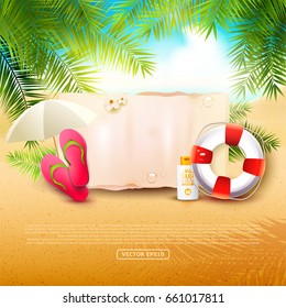 Summer time background with summer accessories and place for your message