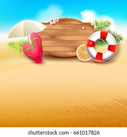 Summer time background with summer accessories and place for your message