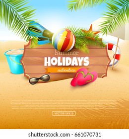 Summer time background with summer accessories and place for your message