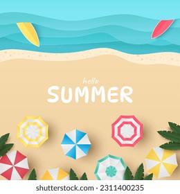 Summer time background. Aerial view beach with waves and umbrellas. Vector illustration