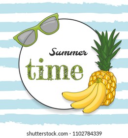 Summer time background with banana, pineapple and glasses