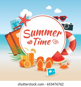 Summer time background banner design template and wooden sign season elements beach