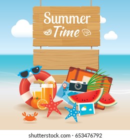 Summer time background banner design template and wooden sign element beach season