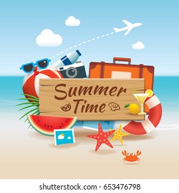 Summer time background banner design template and wooden sign season elements beach