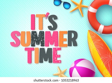 It's summer time background banner template with colorful 3D summer text and beach elements in blue pattern background for summer season. Vector illustration.
