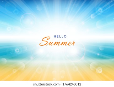 Summer time background. Beach and tropical sea with bright sun. Vector illustration
