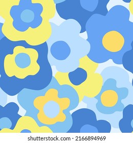 Summer time background. Big bloom daisy seamless pattern in trendy yellow and blue colors. Abstract floral design. Decorative flowers art illustration for wrapping, textile, fabric, wallpaper etc