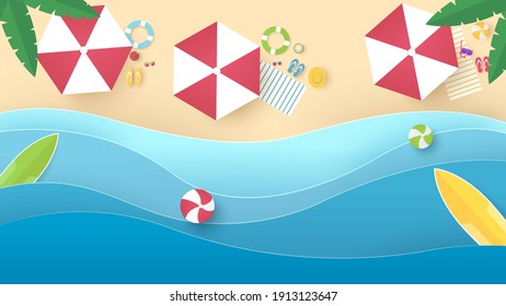 Summer Time Background. Blue Sea And Beach With Stuff For Summer. Paper Cut And Craft Style Illustration. Top View